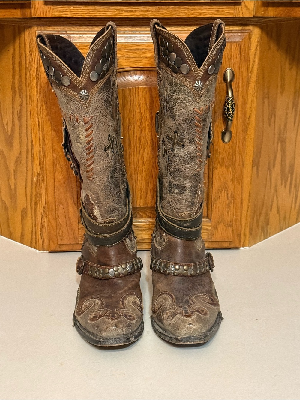 DOUBLE D RANCH Distressed Brown Western Boots w/ Buckles, Studs & Bullet Holders